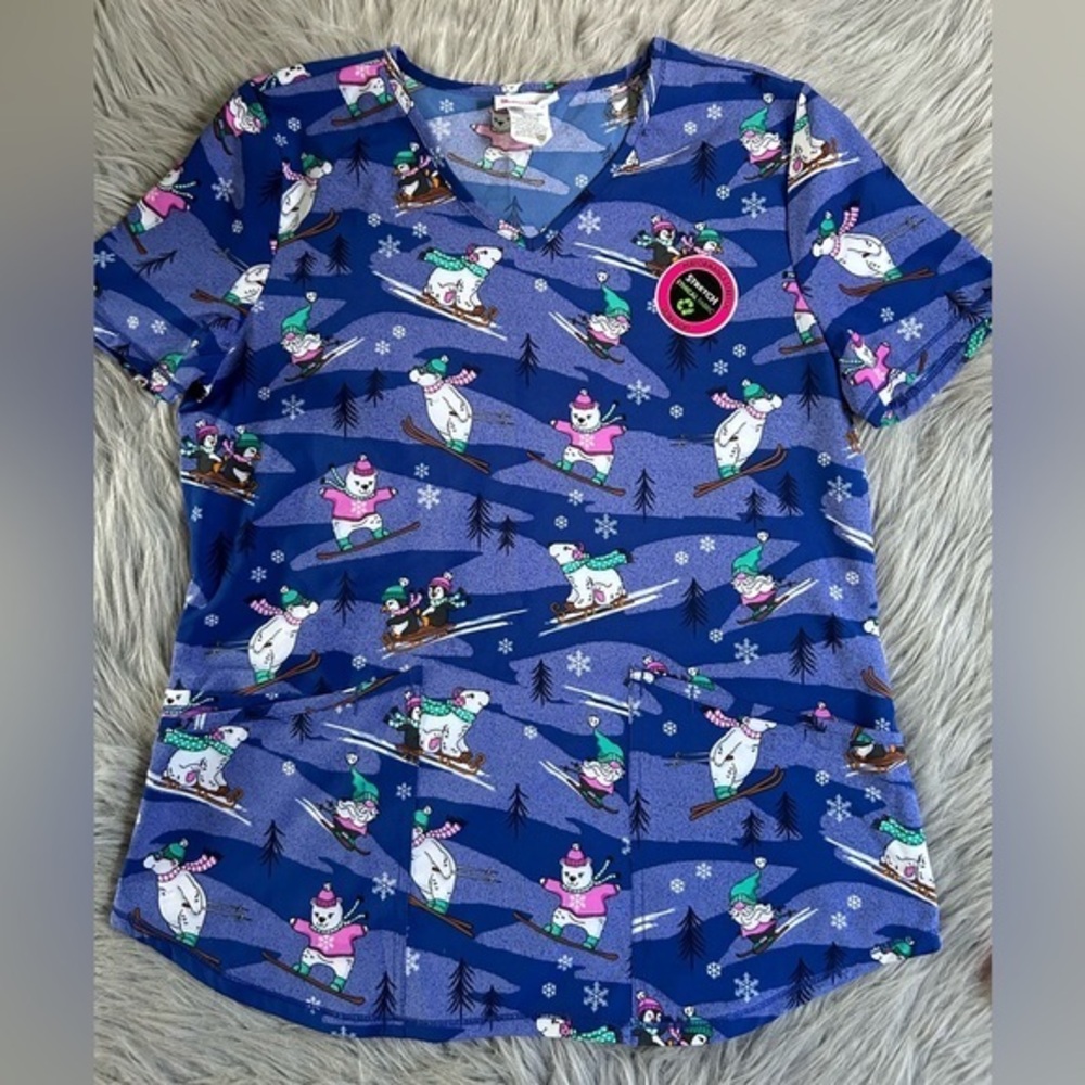 ScrubStar Winter Polar Bear Scrub Top Womens Size Small Blue Short Sleeve